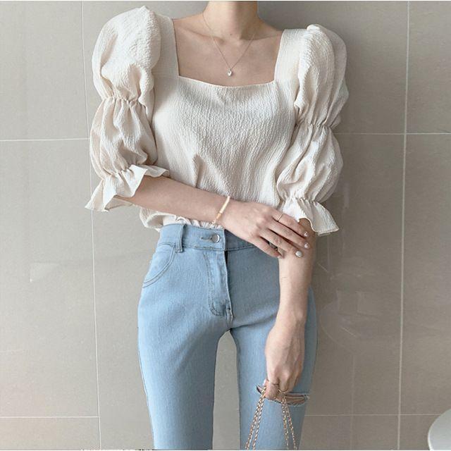 Elbow-Sleeve Square Neck Blouse Product Image