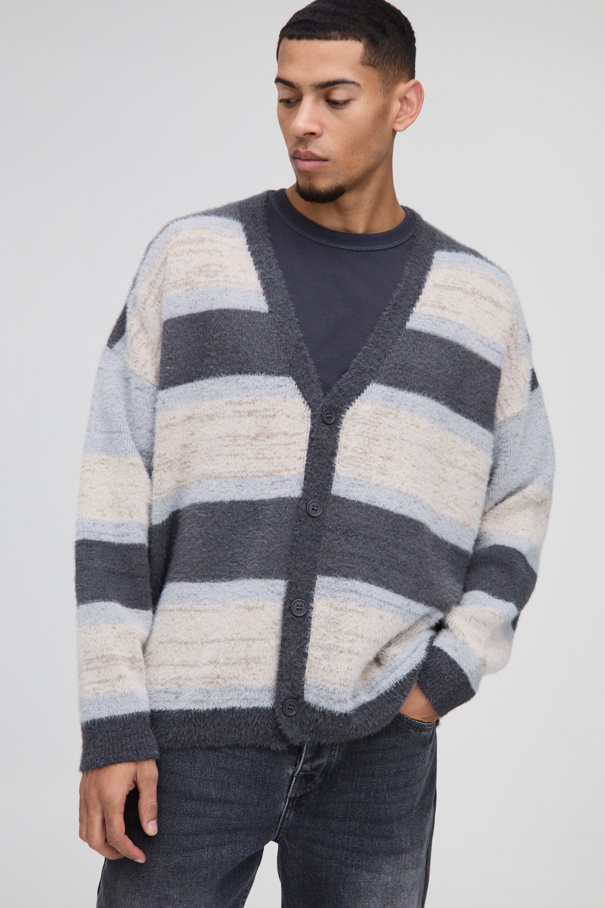 Oversized Dropped Shoulder Brushed Stripe Knitted Cardigan | boohooMAN USA Product Image