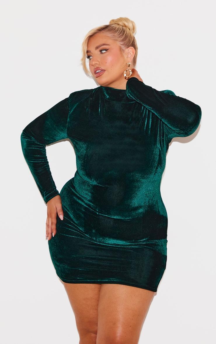 Plus Emerald Green Velour High Neck Long Sleeve Mini Dress Product Image