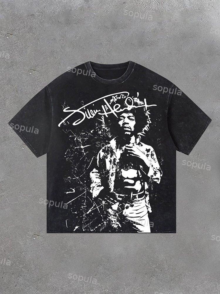 Sopula Retro Jimi Hendrix Print Washed Vintage T-Shirt Product Image