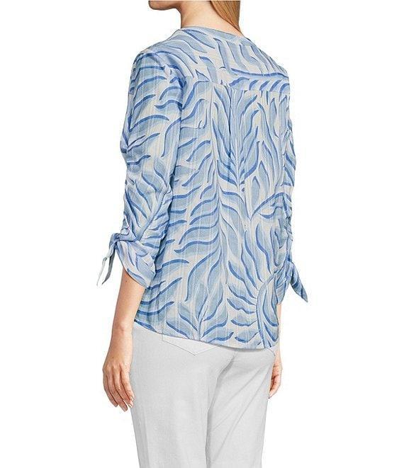 Tru Luxe Jeans Dobby Stripe Printed Split V-Neck 3/4 Sleeve Button Front Top Product Image