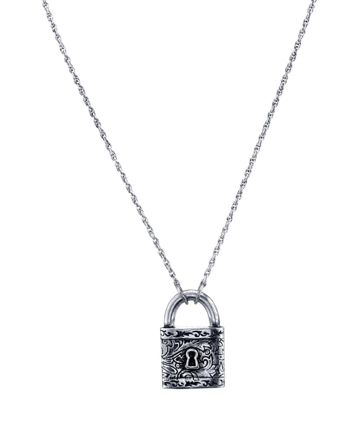 1928 Silver Tone Filigree Padlock Necklace, Womens Product Image