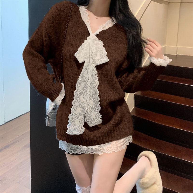 V-Neck Mock Two-Piece Lace Panel Tie Front Oversized Sweater Product Image