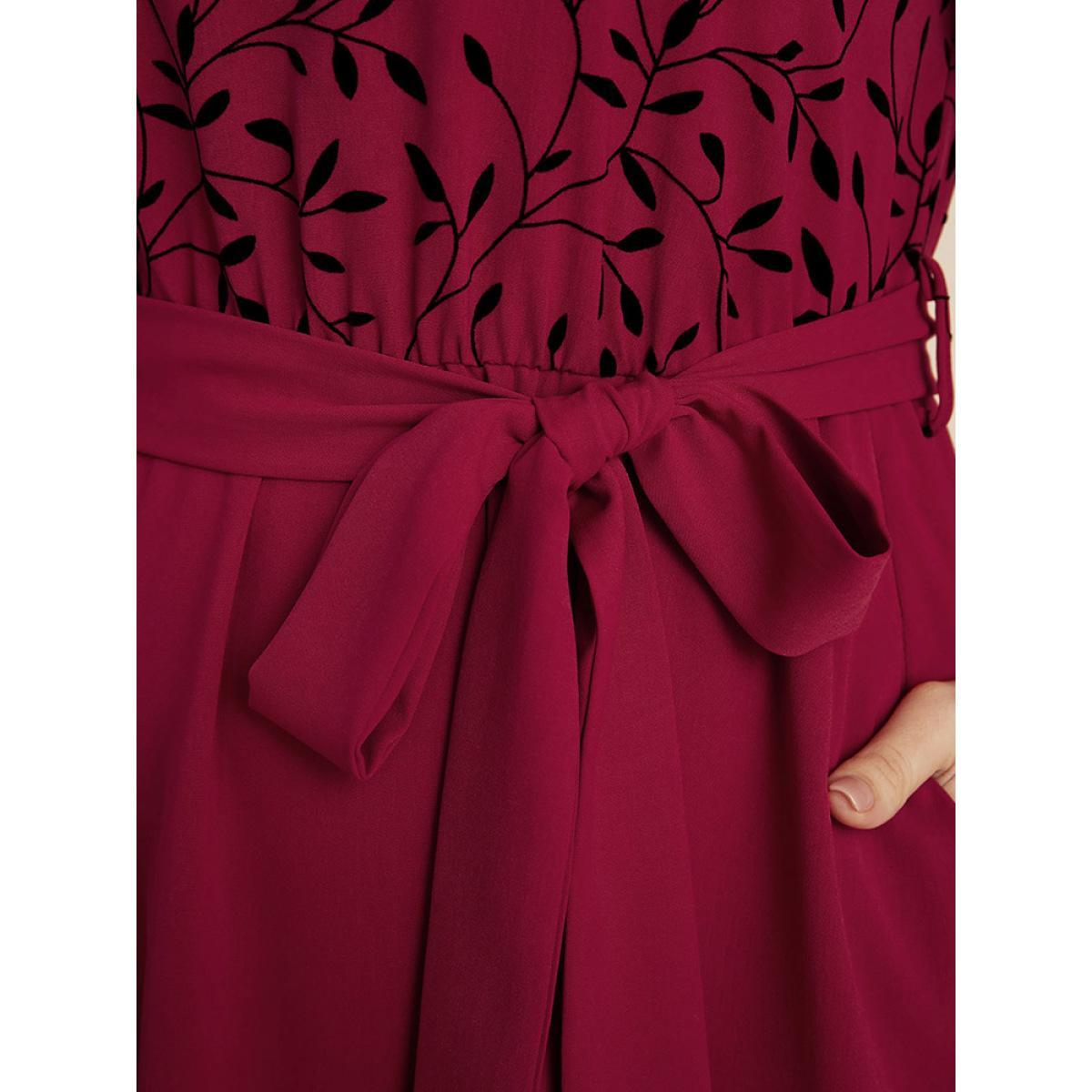 Plus Size Plant Print Lantern Sleeve Pocket Belted Ruffles Hem Dress Burgundy Women Elegant Patchwork V-neck Long Sleeve Curvy Midi Dress BloomChic 28/5X Product Image