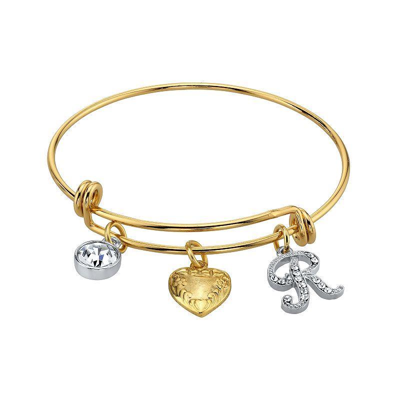 1928 Two Tone Crystal, Heart & Initial Charm Bangle Bracelet, Womens Product Image