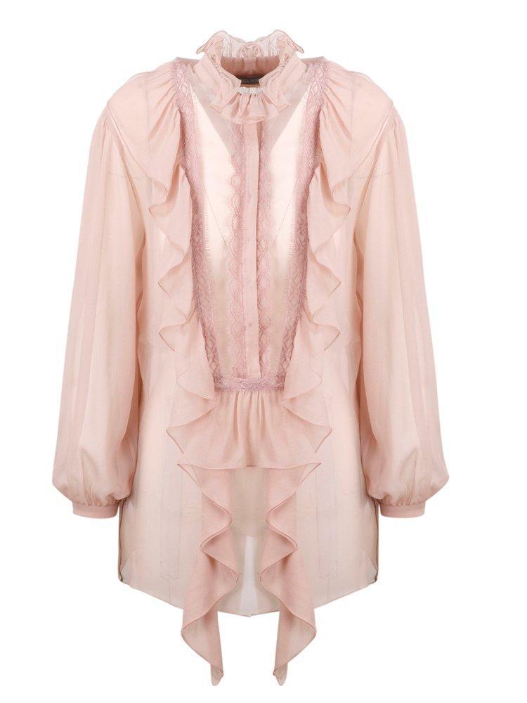 ALBERTA FERRETTI Long-sleeved Ruffled Silk Blouse In Pink Product Image