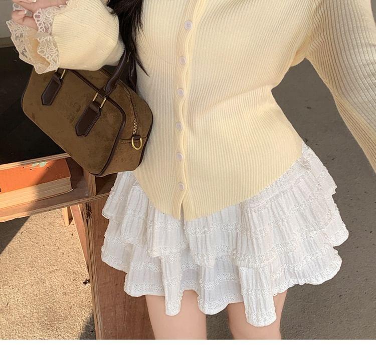 Peter Pan Collar Plain Lace Trim Button-Up Cardigan Product Image