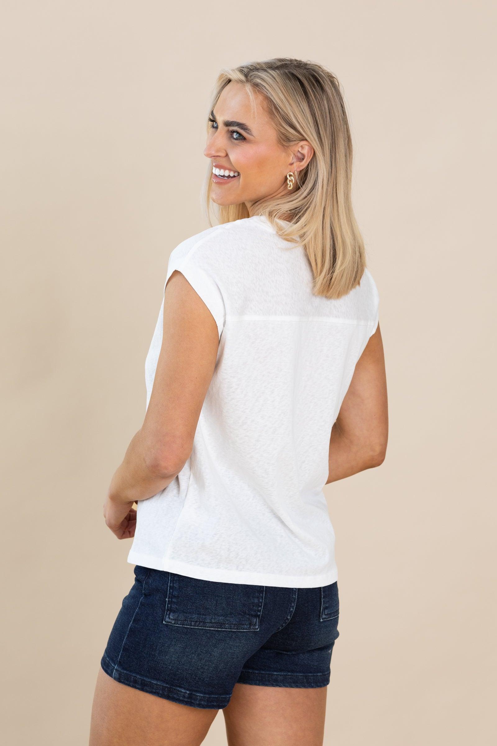 V-Neck Cap Sleeve Solid Linen Feel Top Product Image