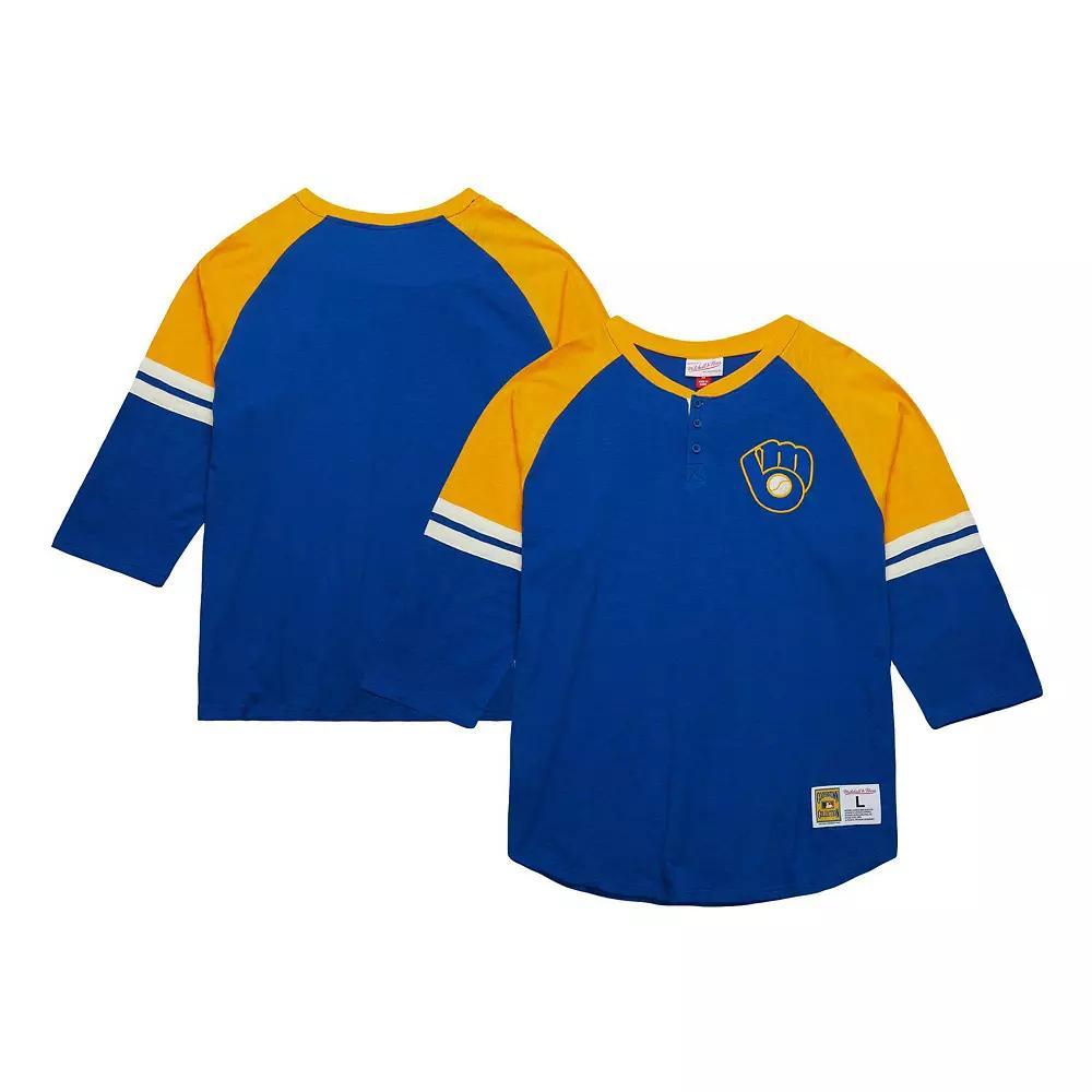 Men's Mitchell & Ness Royal Milwaukee Brewers Cooperstown Collection Legendary Raglan Slub Henley 3/4-Sleeve T-Shirt, Size: Small, Blue Product Image