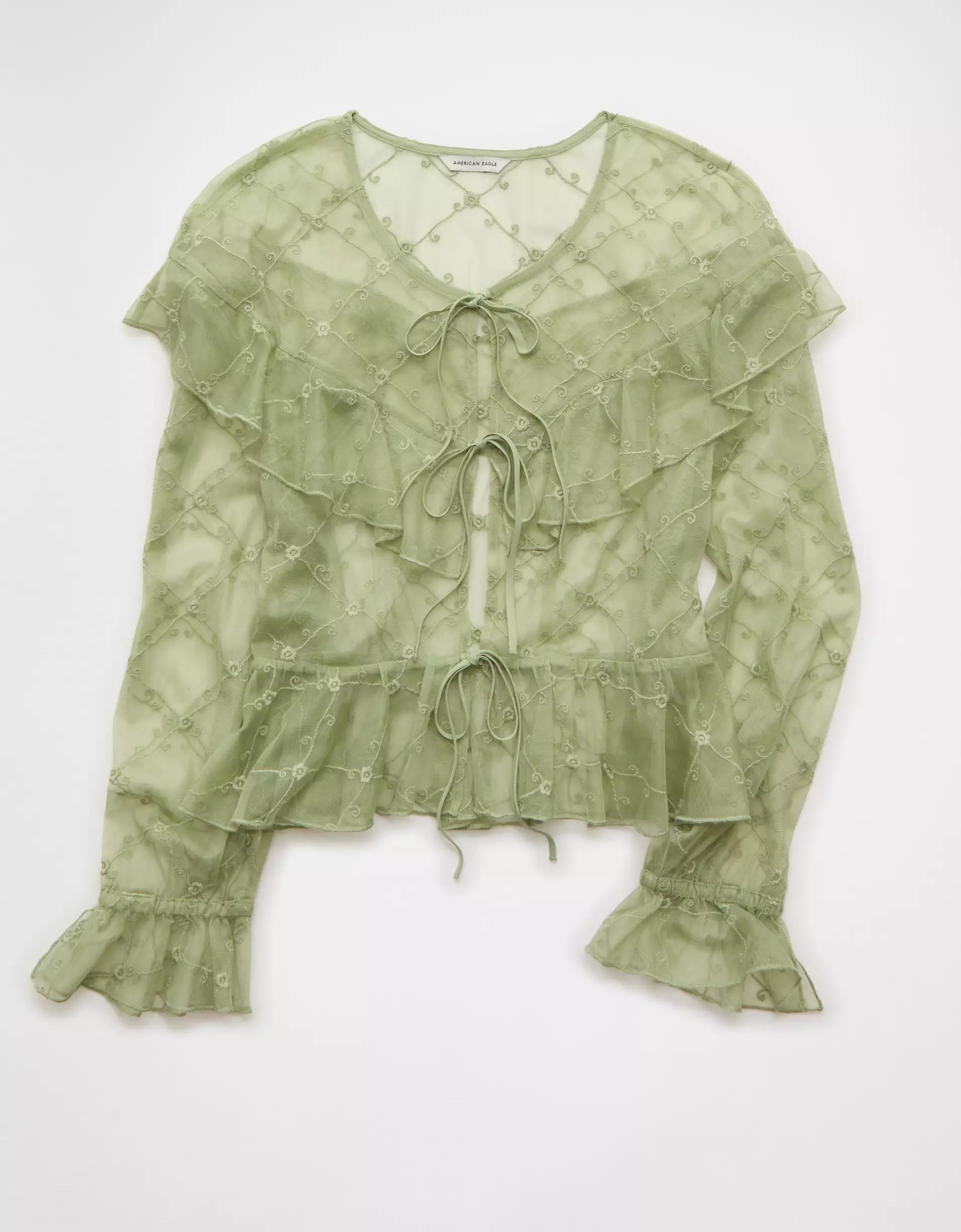 AE Embroidered Tie-Front Mesh Blouse Product Image