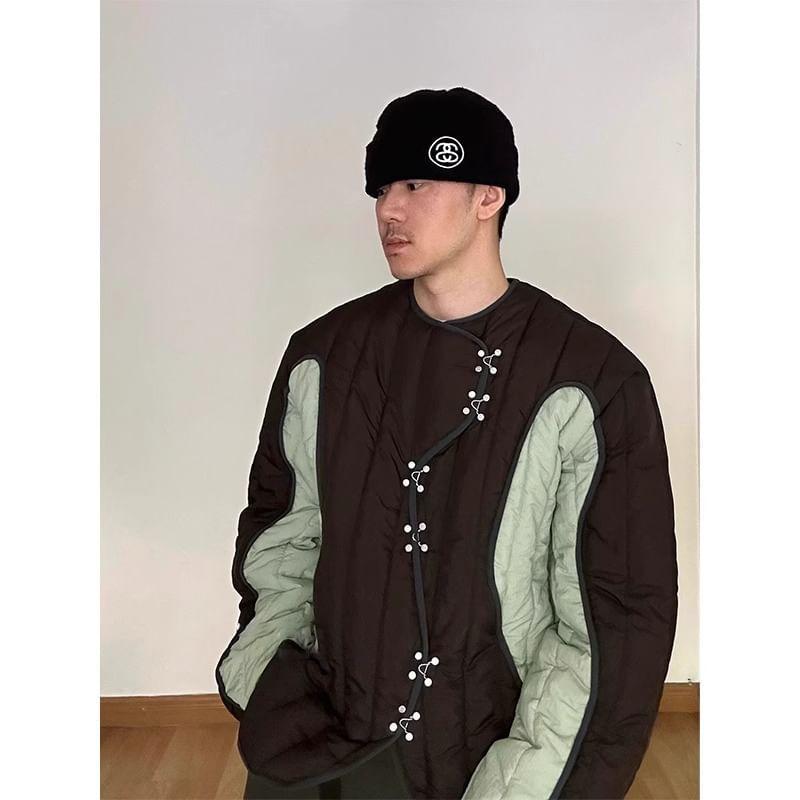 Crew Neck Two Tone Asymmetrical Padded Hook And Eye Jacket Product Image