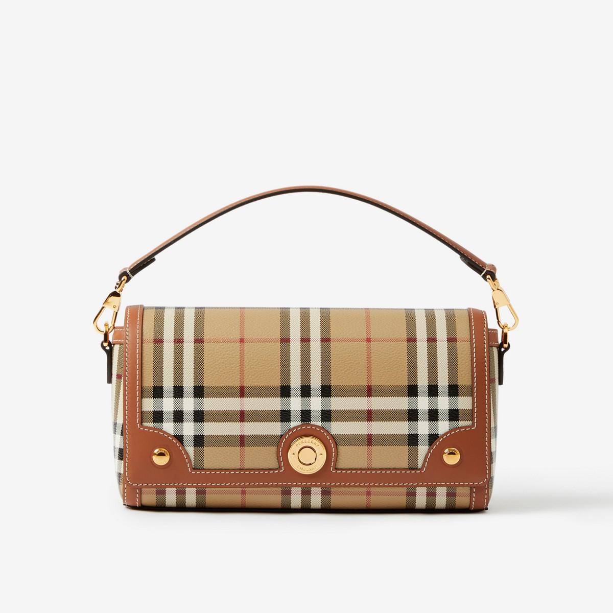 BURBERRY Check And Leather Top Handle Note Bag In Briar Brown Product Image