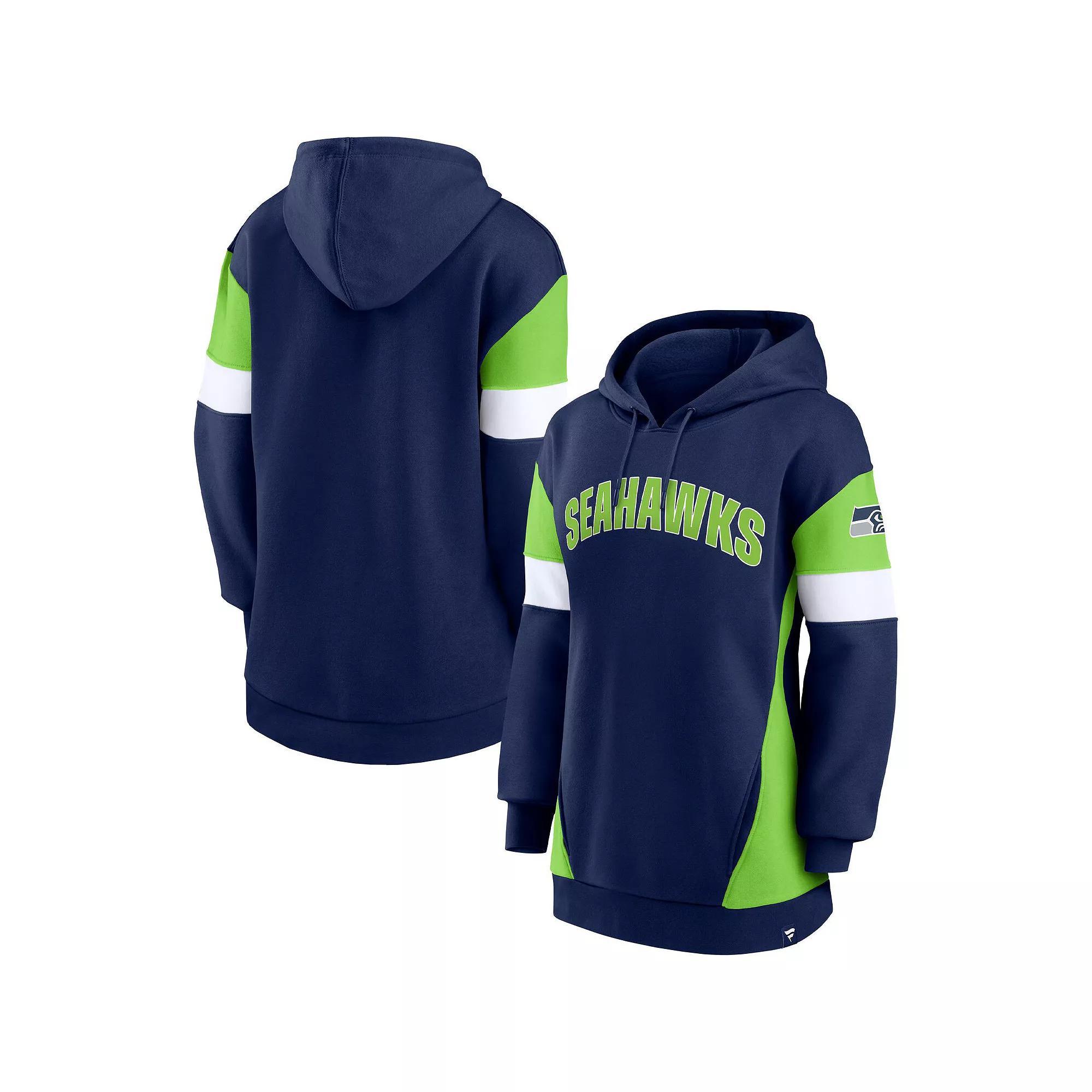 Women's Fanatics Branded College Navy/Neon Green Seattle Seahawks Lock It Down Pullover Hoodie,  Product Image