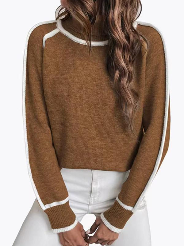 Long Sleeves Loose Contrast Color Split-Joint High Neck Sweater Tops Product Image