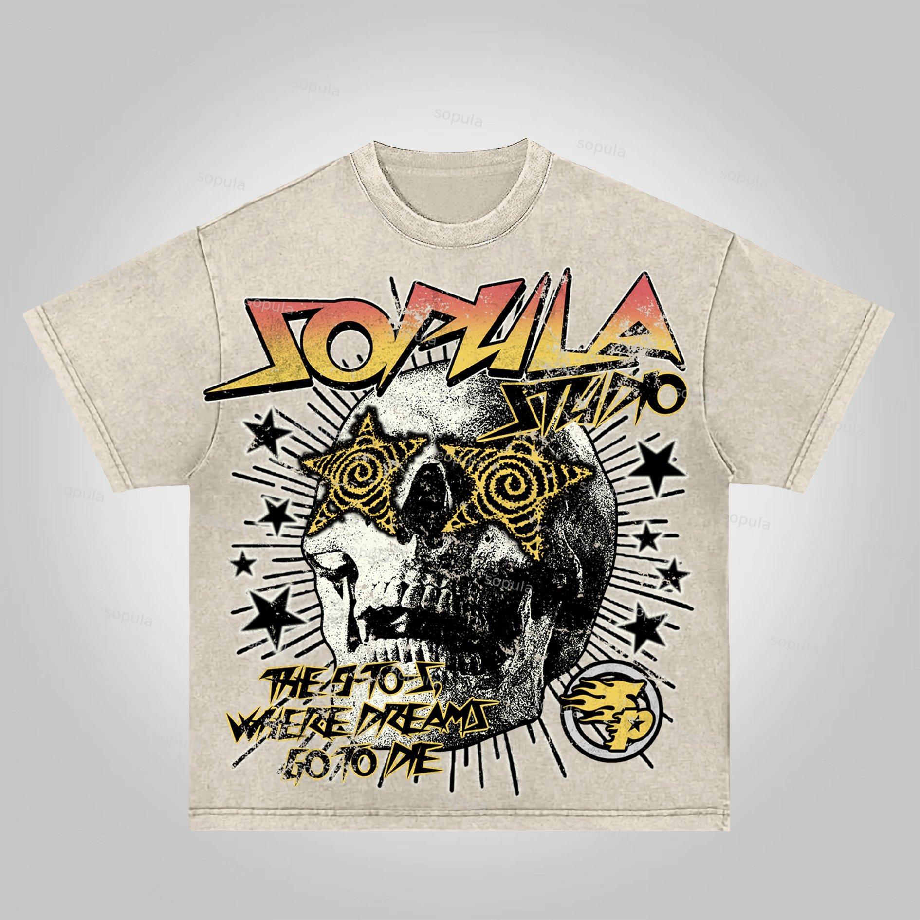 Sopula The 9-To-5, Where Dreams Go To Die Vintage Skull Graphics Acid Washed T-Shirt Product Image