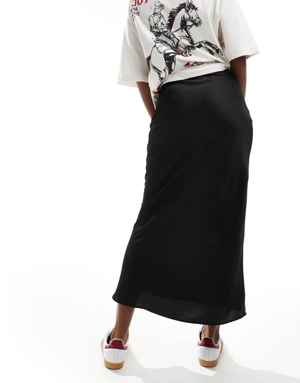 ASOS DESIGN satin bias midi skirt in black Product Image