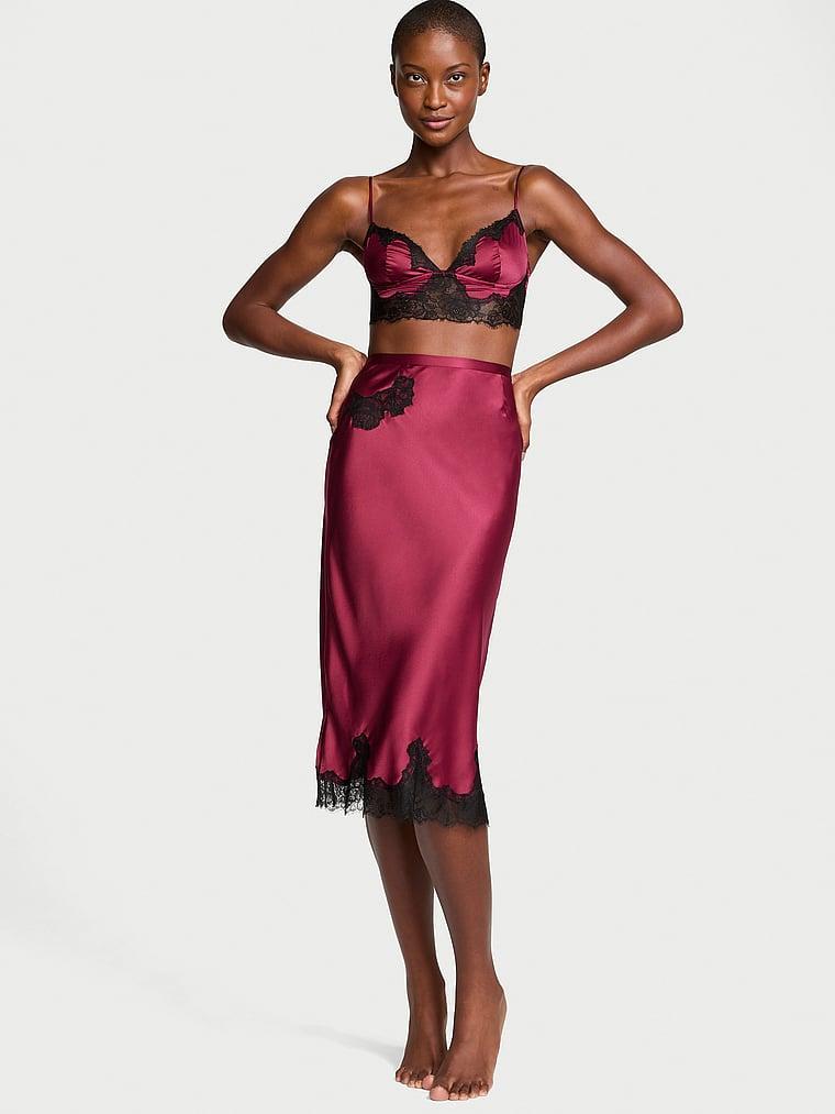 Satin Rose Lace-Trim Bralette & Midi Skirt Set Product Image