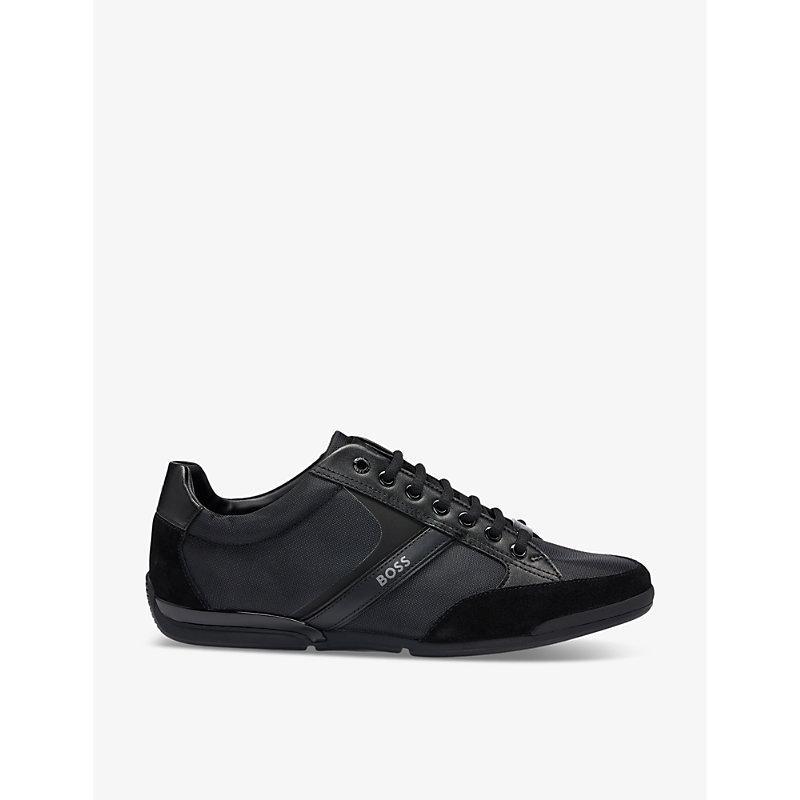 HUGO BOSS Boss Mens Black Logo-badge Lace-up Low-top Woven Trainers Product Image