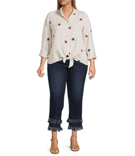 John Mark Plus Size Allover Embroidered Stars Wire Collar Long Roll-Tab Sleeve Button Front Tie Blouse Product Image