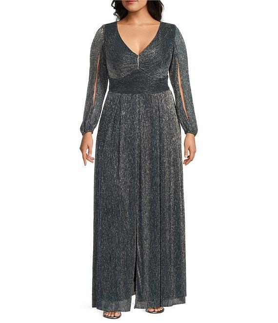 R & M Richards Plus Size Iridescent Mesh V-Neck Long Cut Out Sleeve Crinkle Pleated Dress Product Image