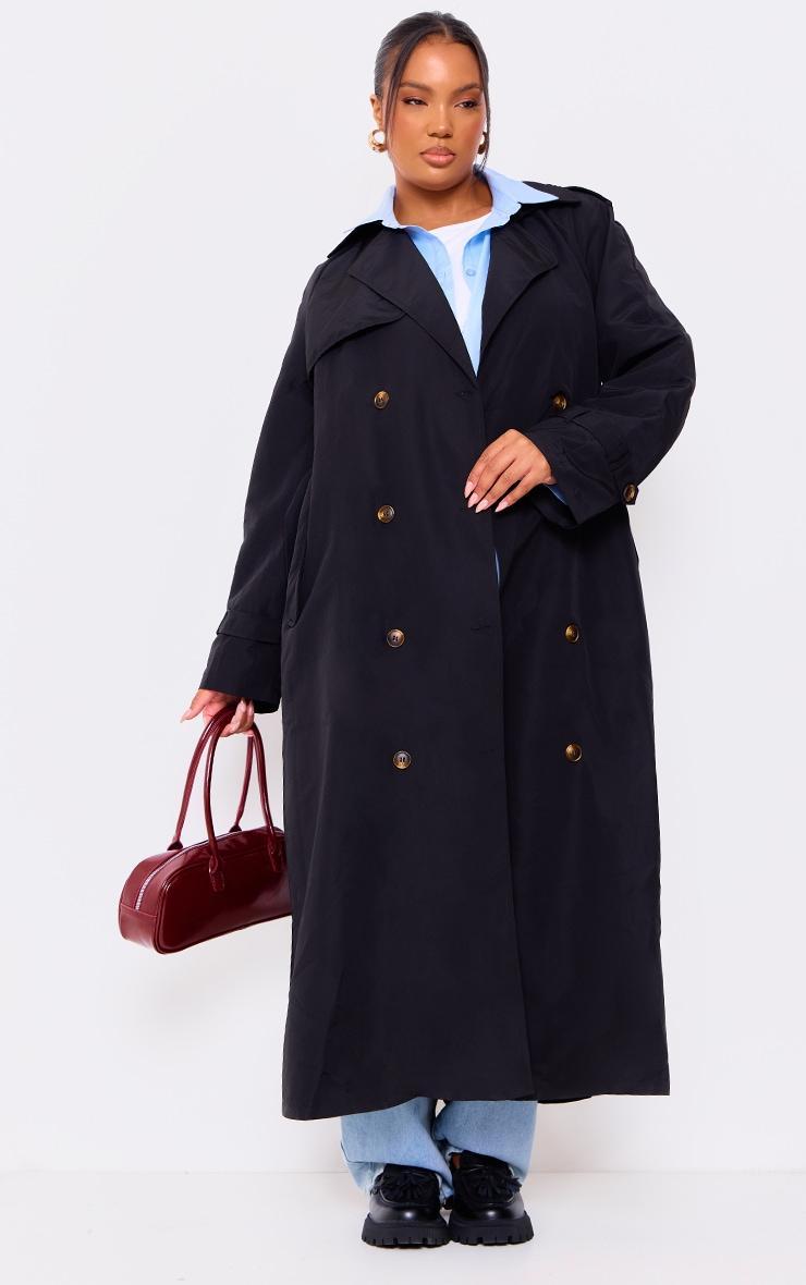 Plus Black Oversized Button Down Trench Coat Product Image
