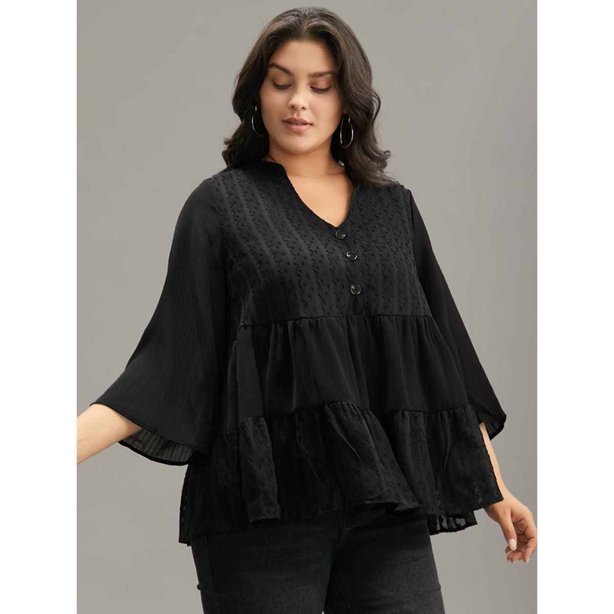 Plus Size Black Plain Textured V Neck Elastic Waist Ruffle Hem Blouse Women Elegant Elbow-length sleeve V-neck Dailywear Blouses BloomChic 10/M Product Image