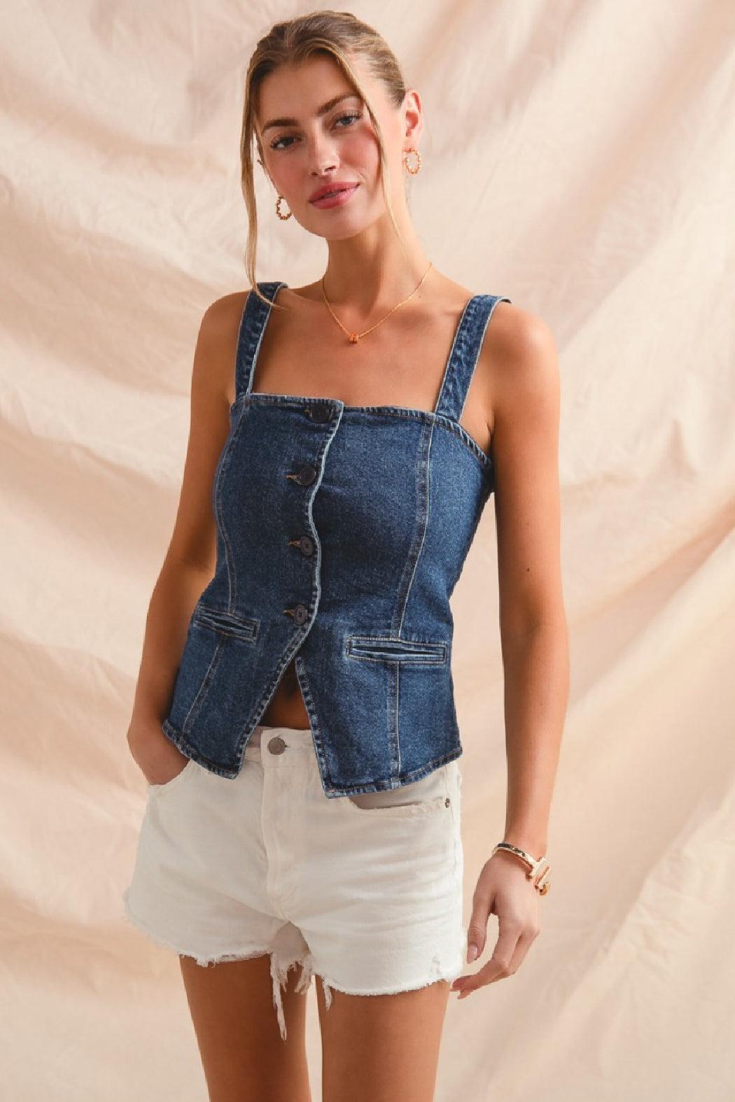 Button Down Sleeveless Denim Top Product Image