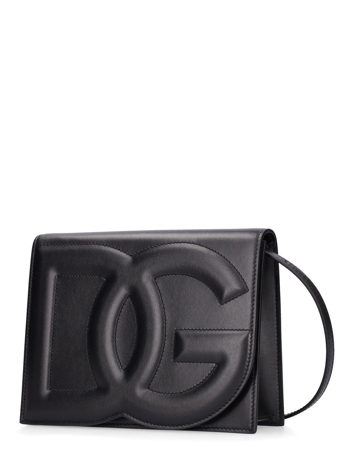 DOLCE & GABBANA Black Calfskin Shoulder Bag With Embossed Logo And Adjustable Strap Product Image