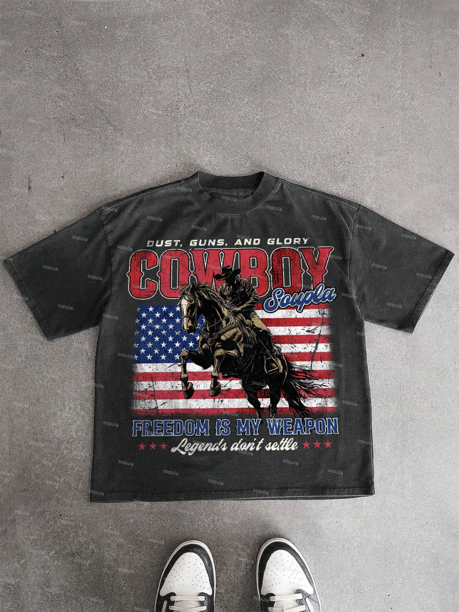 Vintage Independence Day Cowboy Graphic Acid Wash T-shirt Product Image
