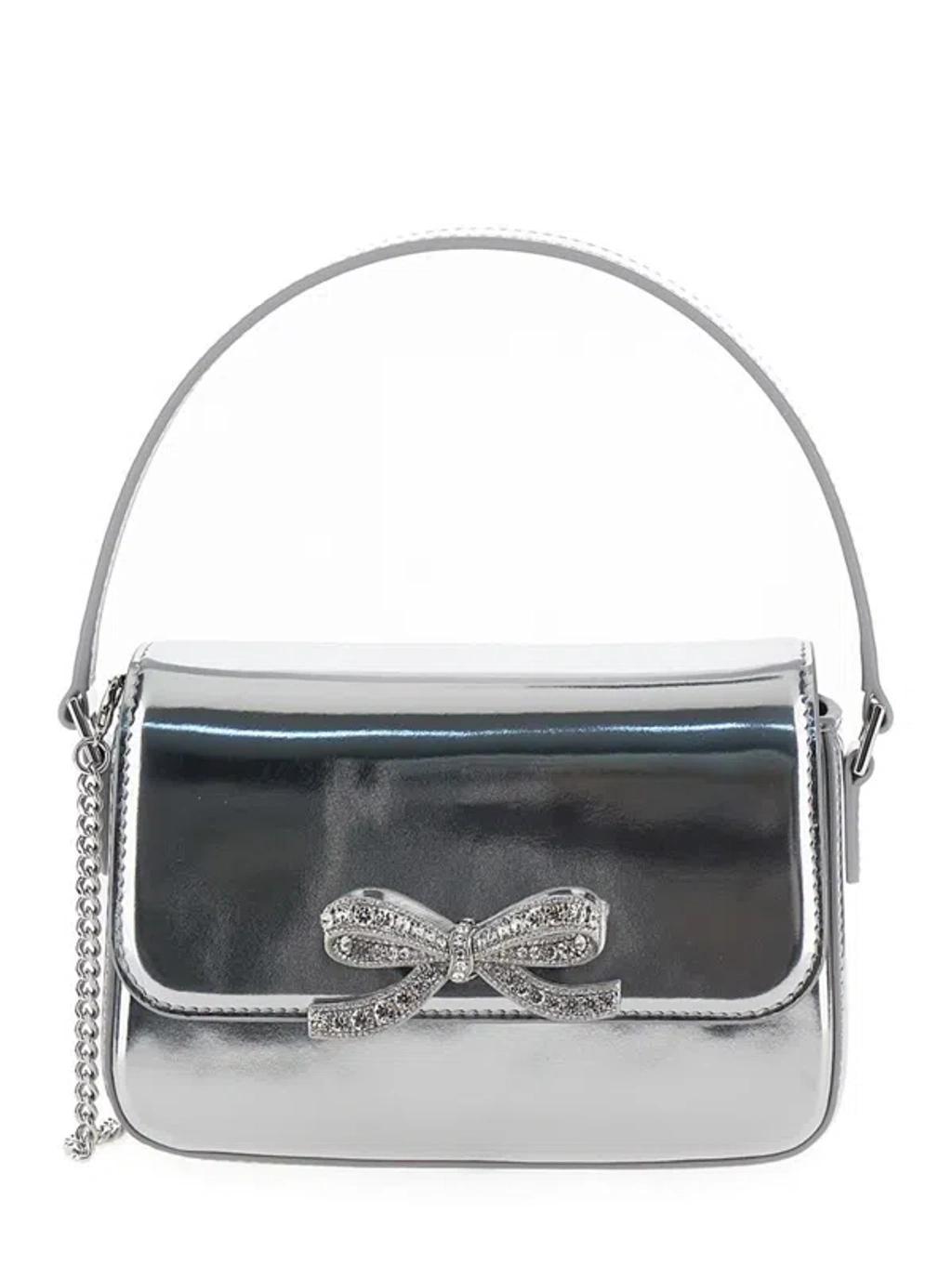 SELF-PORTRAIT Micro Silver Handbag With Bow Detail In Metallic Leather Woman In Grey Product Image