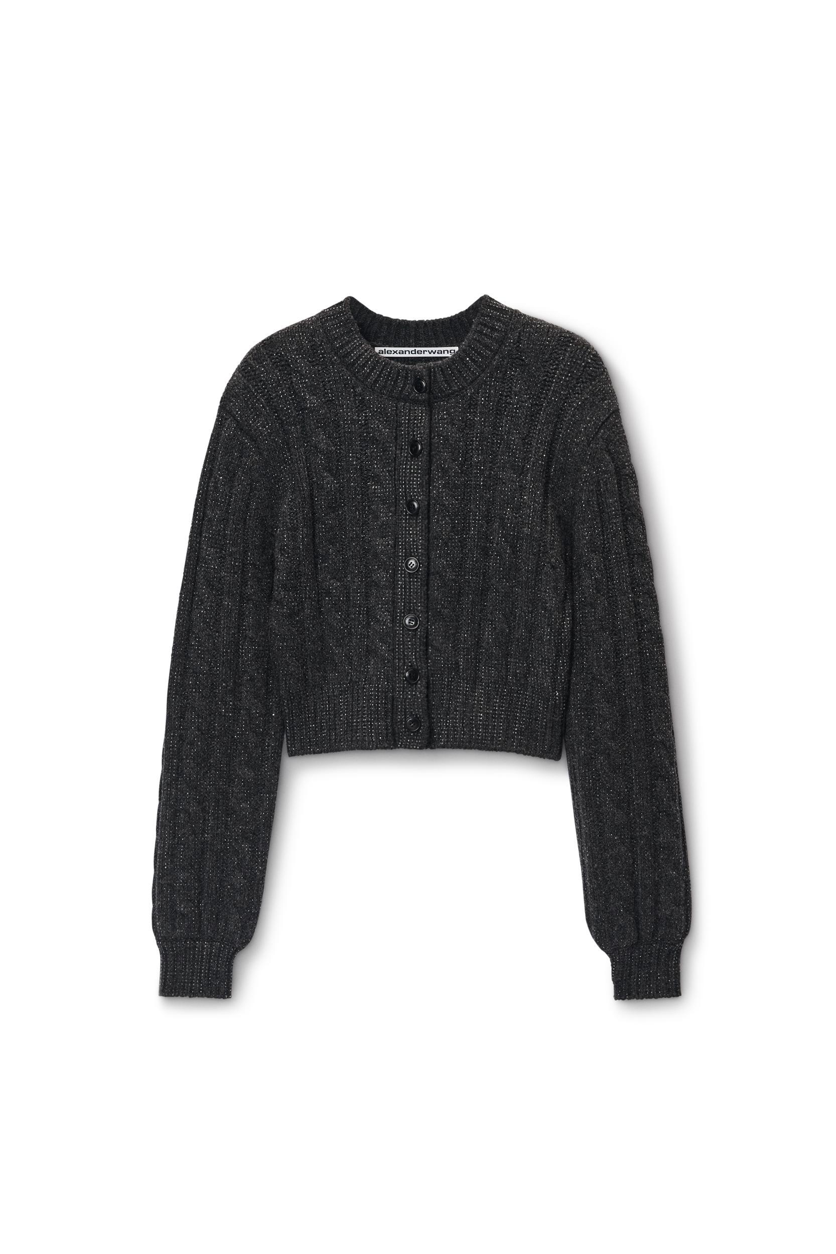 Clear Bead Hotfix Cable-knit Cardigan In Boiled Wool Product Image
