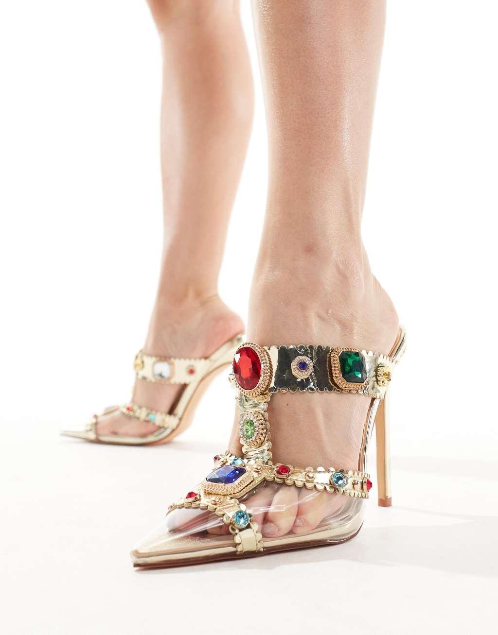 Azalea Wang Zya jewel embellished heeled mules in gold Product Image