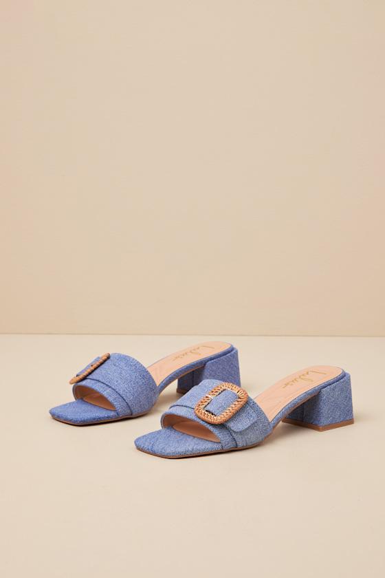 Calendre Denim Buckle Low Heel Slide Sandals Product Image