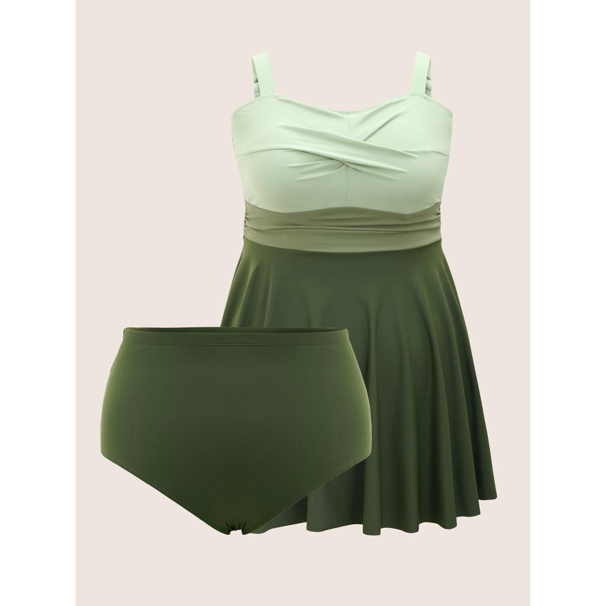 Plus Size Twist Front Patchwork Adjustable Straps Swim Dress Women's Swimwear ArmyGreen Beach Bodycon Heart neckline High stretch Curve Swim Dresses BloomChic 18-20/2X Product Image