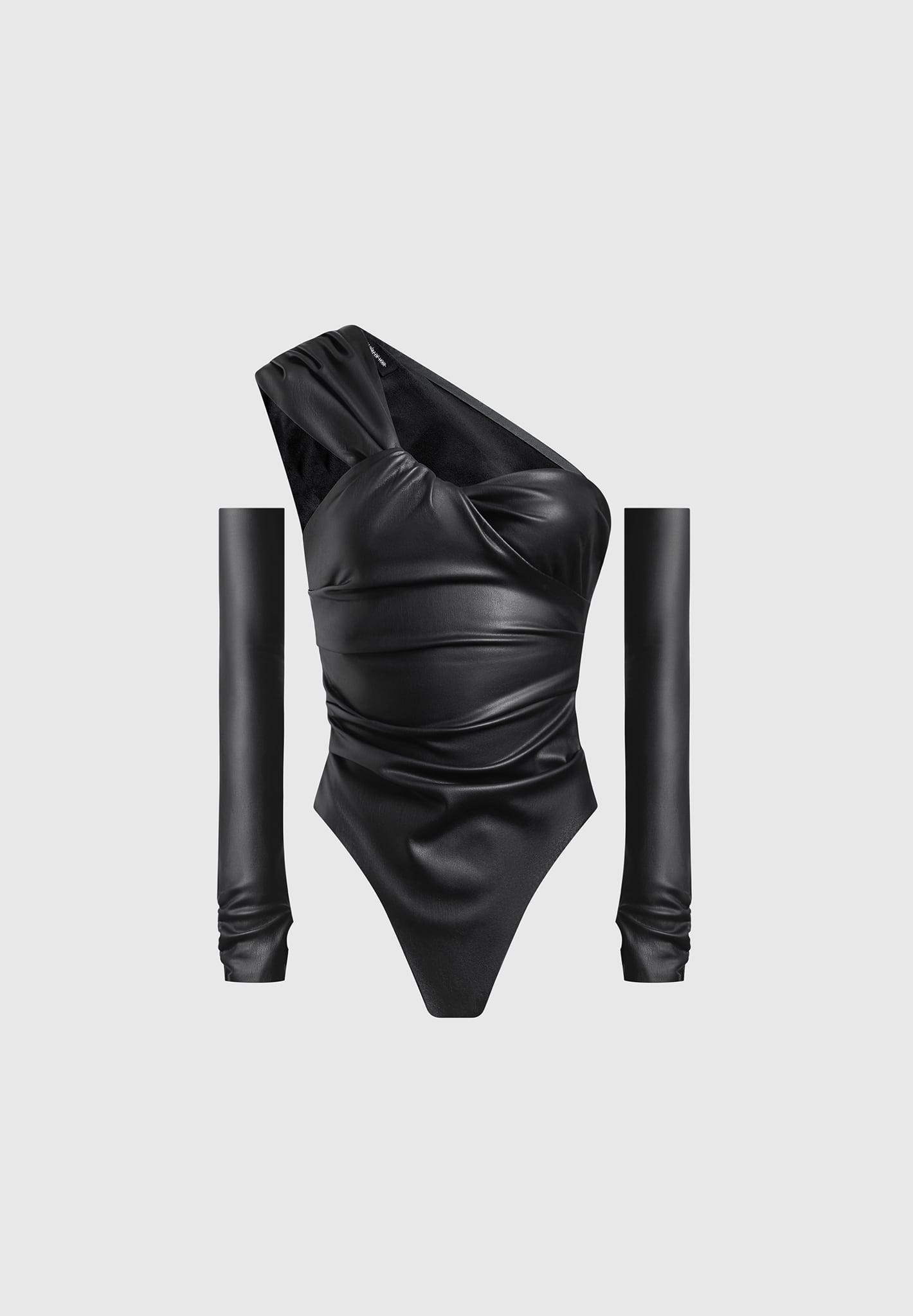 Leather Gathered Bodysuit with Sleeves - Black Female Product Image