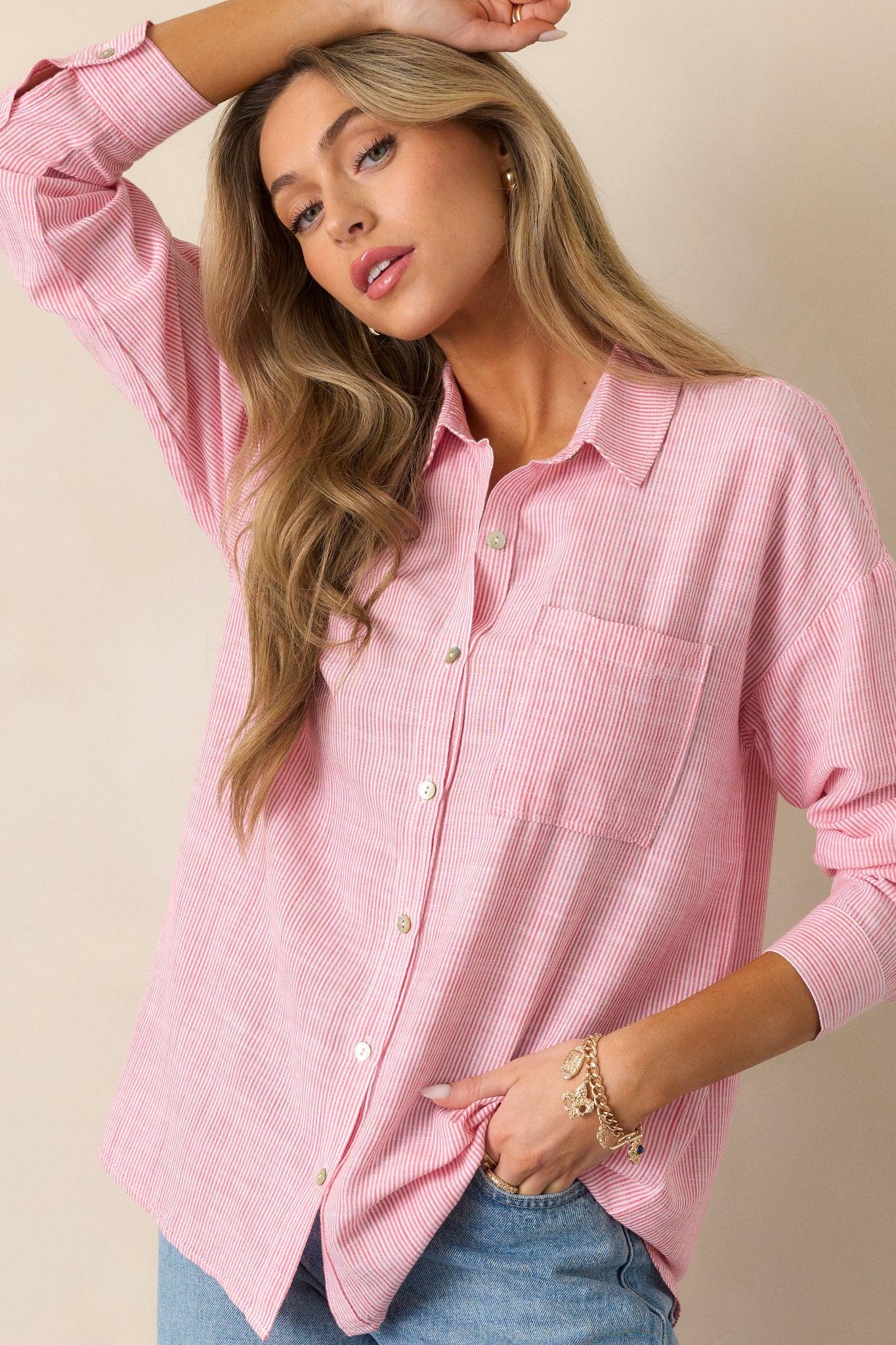 What Do You Mean Porcelain Rose Stripe Button Front Blouse Product Image