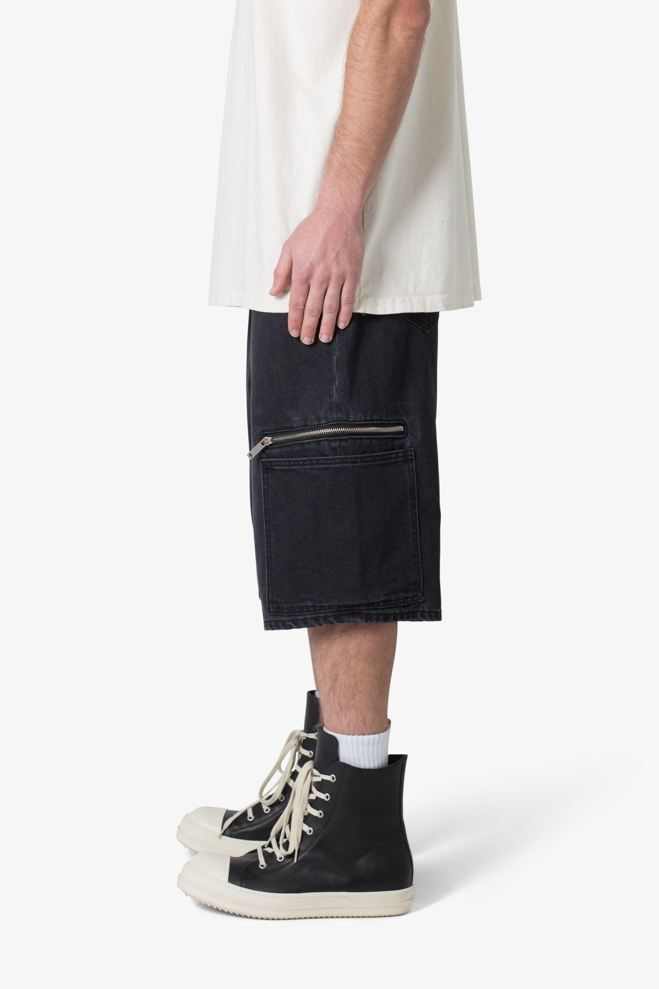 Zipper Baggy Denim Shorts - Black Product Image