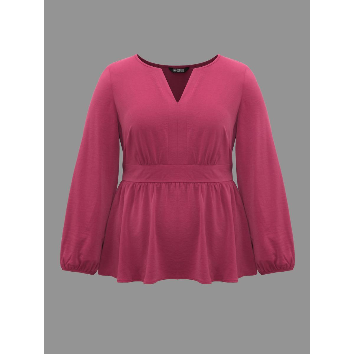 Plus Size RedViolet Notched Collar Gathered Lantern Sleeve Blouse Women Elegant Long Sleeve Notched collar Everyday Blouses BloomChic 22-24/3X Product Image