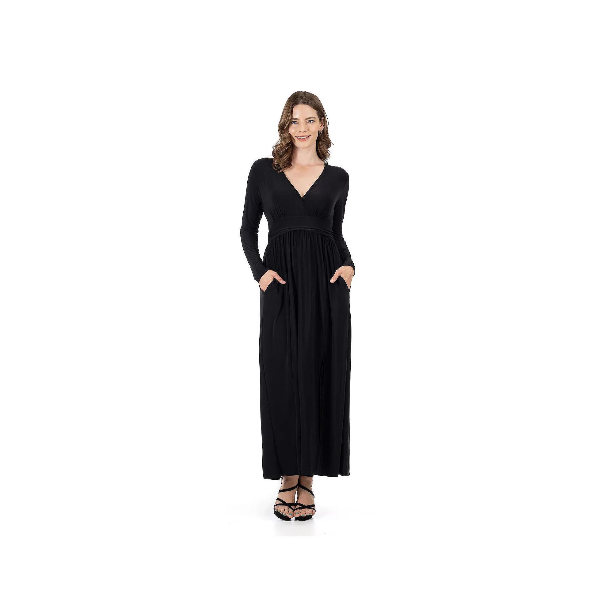Women's 24Seven Comfort Apparel Long Sleeve V-Neck Side Slit Maxi Dress,  Product Image