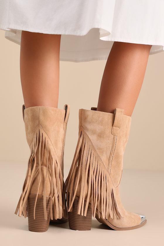 Toleson Taupe Suede Fringe Pointed-Toe Mid-Calf Western Boots Product Image