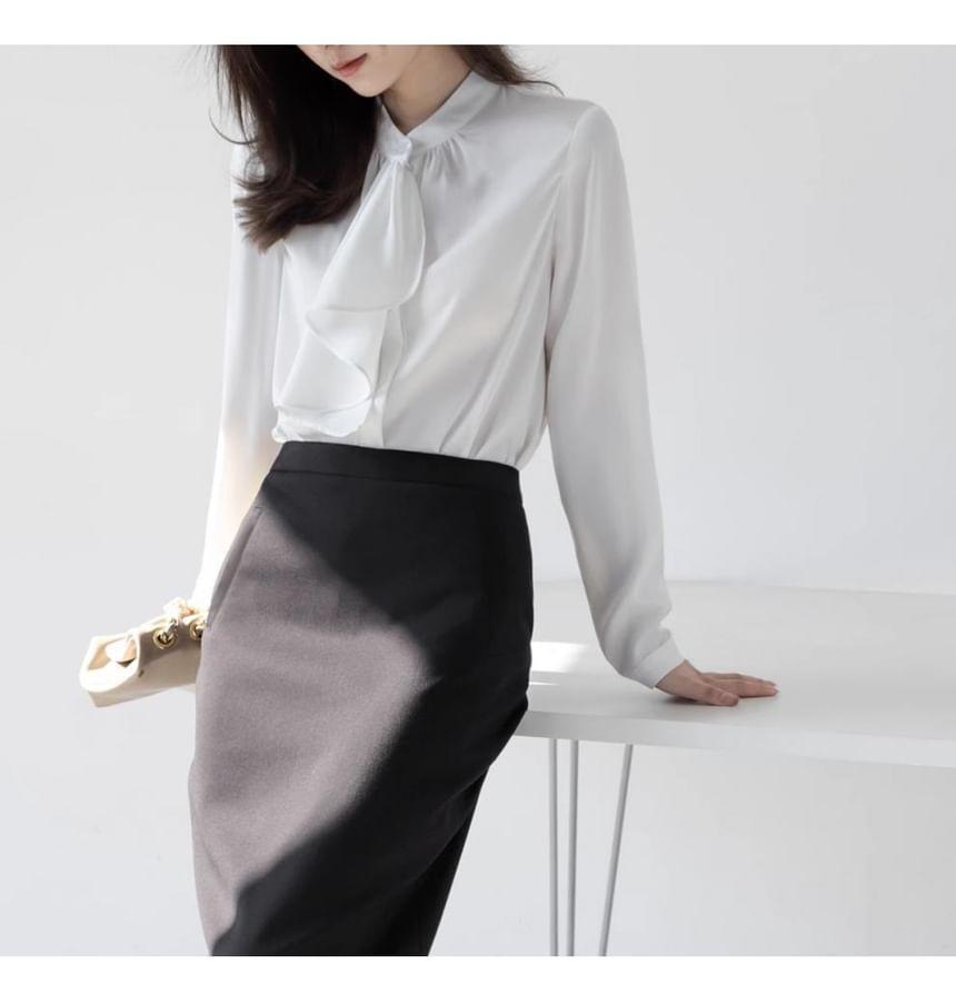 Long-Sleeve Stand Collar Plain Ruffle Trim Blouse Product Image