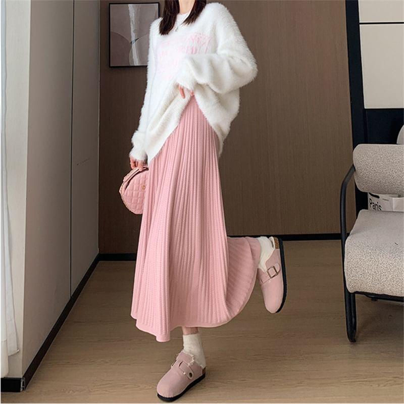 High Waist Plain Ribbed Knit Midi A-Line Skirt Product Image