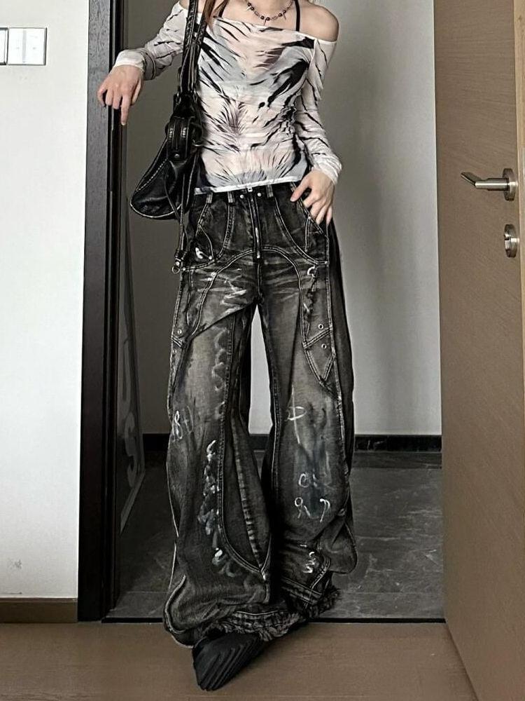 Low Rise Graphic Print Washed Fringed Hem Wide Leg Jeans Product Image