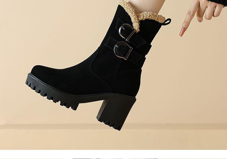 Chunky Heel Fleece-Lined Buckled Short Boots Product Image