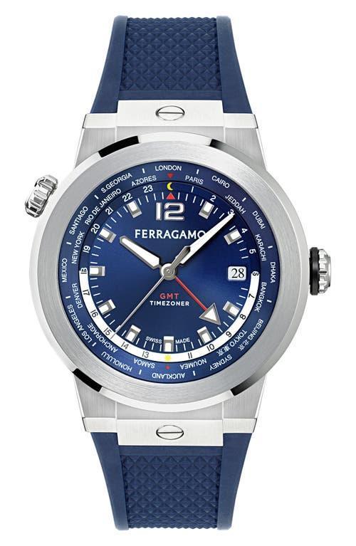 FERRAGAMO F-80 Gmt Worldtime Silicone Watch, 43mm In Blue Product Image