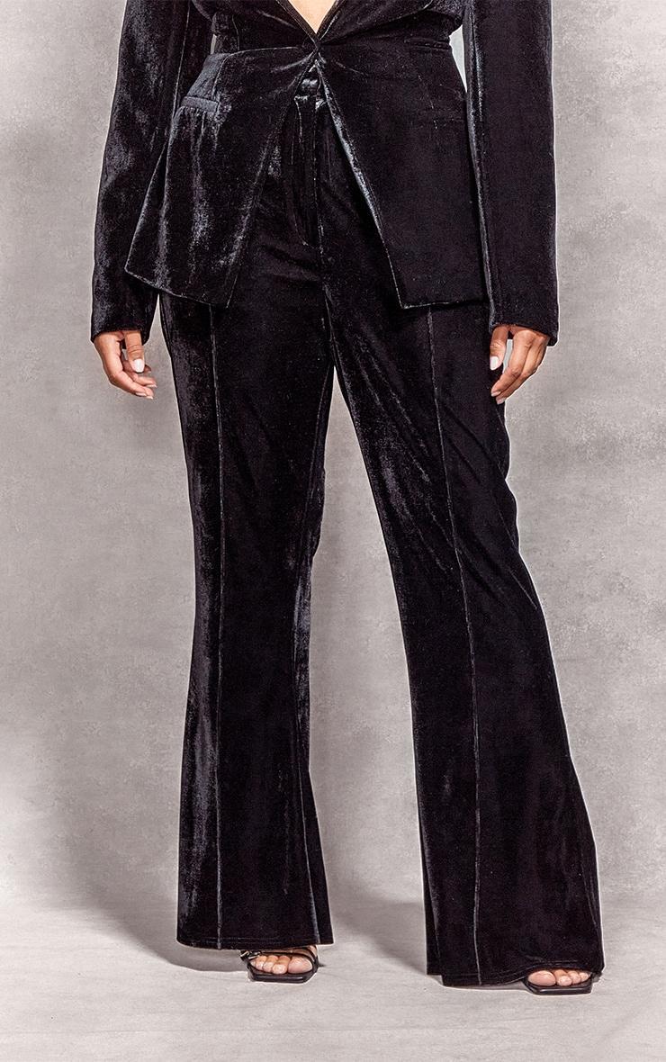 Plus Black Velvet Pintuck Detail Flared Pants Product Image