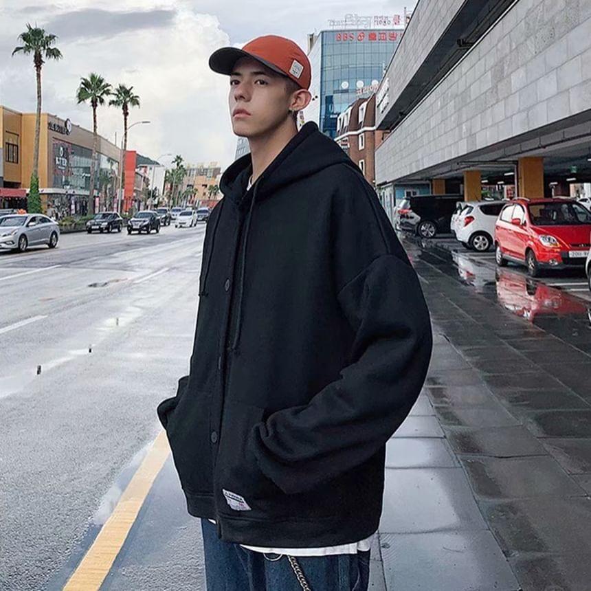 Lettering Applique Drawstring Fleece-Lined Button Hoodie Product Image