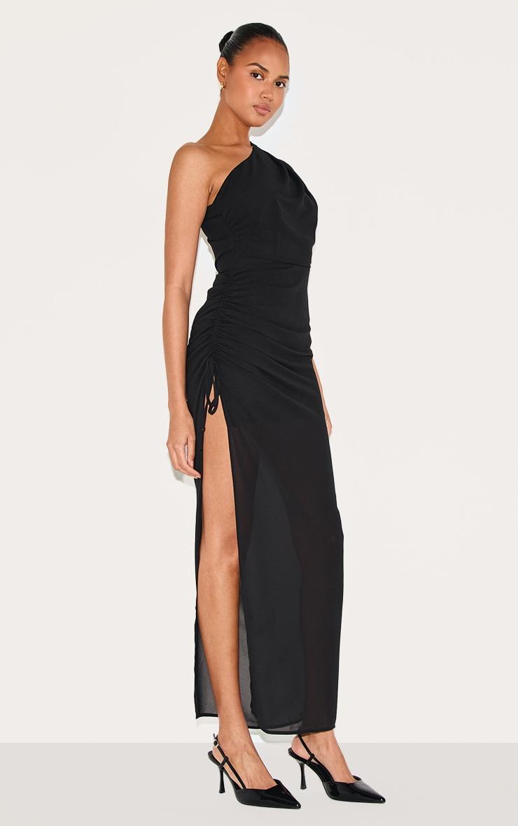 Black Chiffon One Shoulder Ruched Maxi Dress Product Image