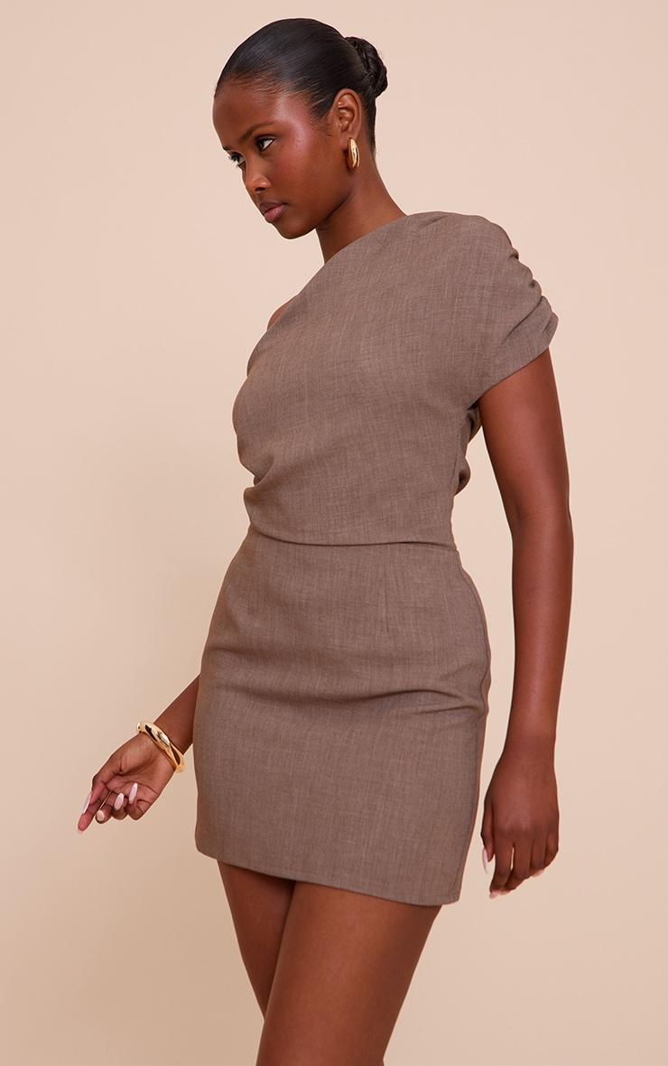 Taupe Woven Ruched One Shoulder Mini Dress Product Image