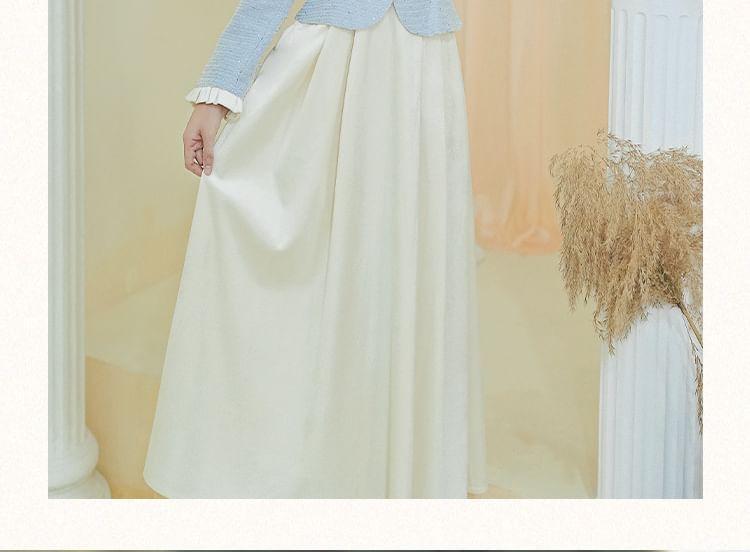 Mock Two-Piece Long-Sleeve Ribbon Neck Midi A-Line Dress Product Image